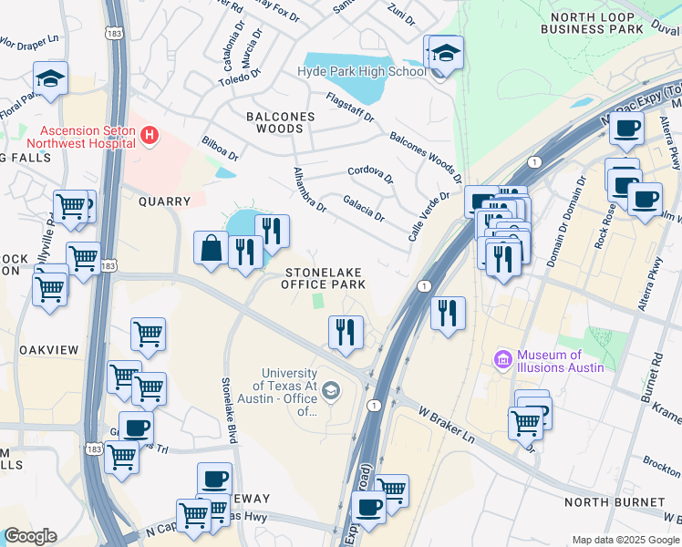 map of restaurants, bars, coffee shops, grocery stores, and more near 10900 Stonelake Blvd in Austin