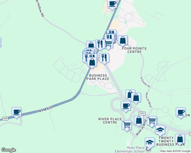map of restaurants, bars, coffee shops, grocery stores, and more near 6811 Ranch Road 620 N in Austin
