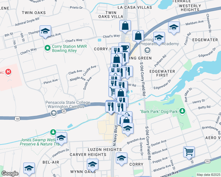 map of restaurants, bars, coffee shops, grocery stores, and more near 725 North Navy Boulevard in Pensacola