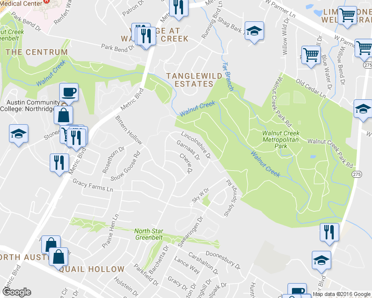 map of restaurants, bars, coffee shops, grocery stores, and more near 1603 Garnaas Drive in Austin
