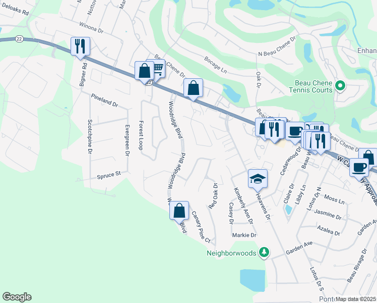map of restaurants, bars, coffee shops, grocery stores, and more near 317 Woodridge Blvd in Mandeville
