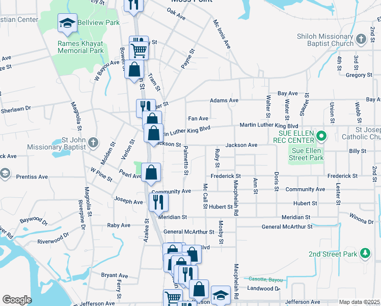 map of restaurants, bars, coffee shops, grocery stores, and more near 4106 Palmetto Street in Moss Point