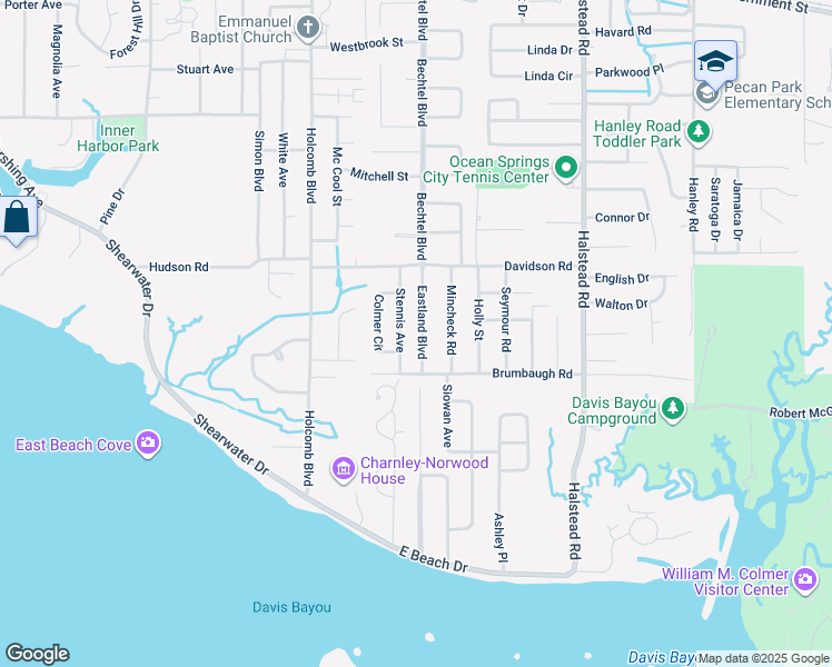 map of restaurants, bars, coffee shops, grocery stores, and more near 212 Eastland Boulevard in Ocean Springs