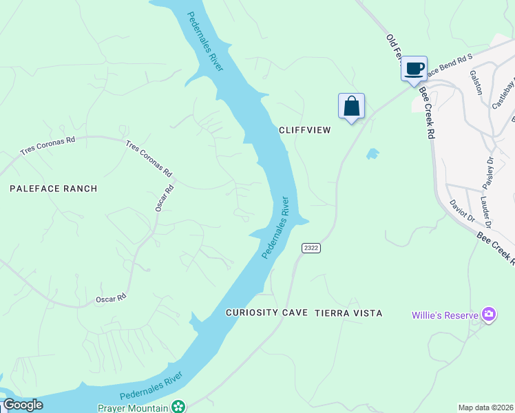 map of restaurants, bars, coffee shops, grocery stores, and more near 1527 Likeness Road in Spicewood
