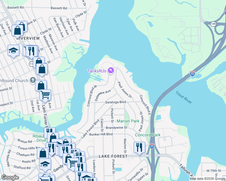 map of restaurants, bars, coffee shops, grocery stores, and more near 8379 Delaware Avenue in Jacksonville