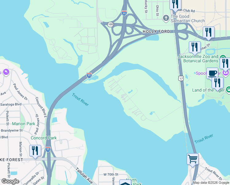map of restaurants, bars, coffee shops, grocery stores, and more near 514 Broward Road in Jacksonville