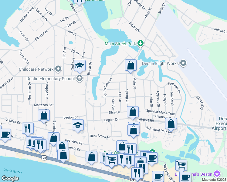 map of restaurants, bars, coffee shops, grocery stores, and more near 706 Swan Lane in Destin