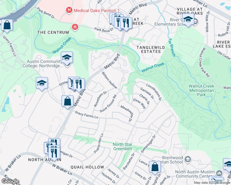map of restaurants, bars, coffee shops, grocery stores, and more near 12010 Snow Goose Road in Austin