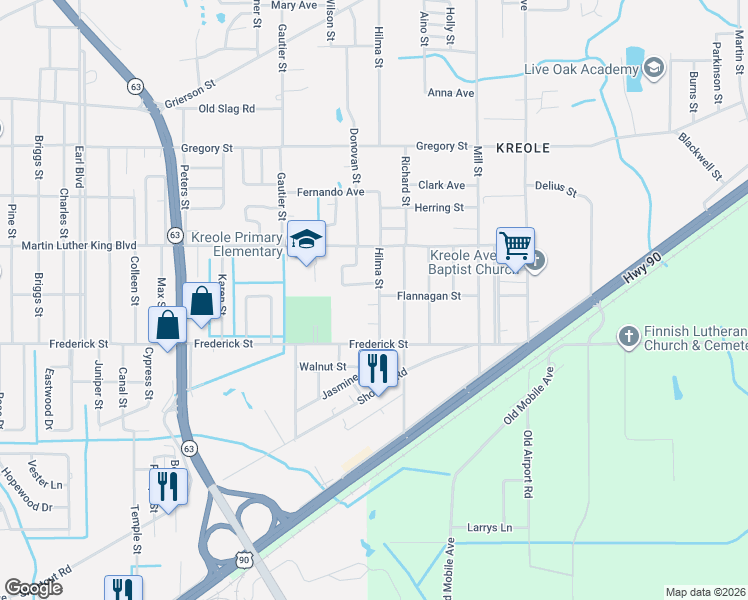 map of restaurants, bars, coffee shops, grocery stores, and more near 6513 Linda Cir in Moss Point