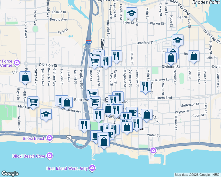 map of restaurants, bars, coffee shops, grocery stores, and more near 233 Fayard Street in Biloxi