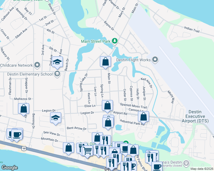 map of restaurants, bars, coffee shops, grocery stores, and more near 407 Main Street in Destin