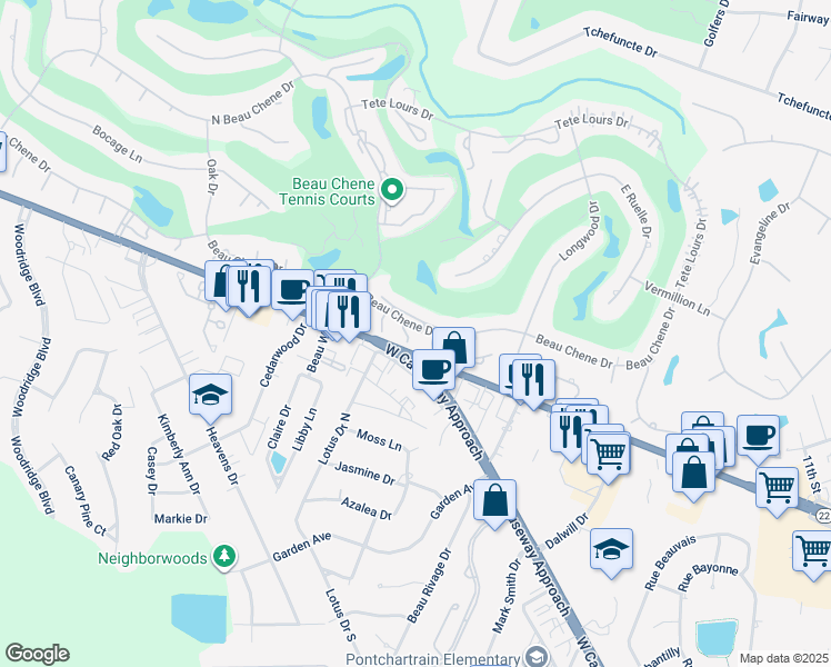 map of restaurants, bars, coffee shops, grocery stores, and more near 101 East Brighton Court in Mandeville