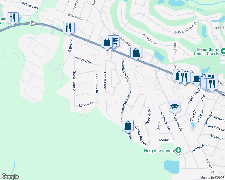map of restaurants, bars, coffee shops, grocery stores, and more near 351 Audubon Drive in Mandeville