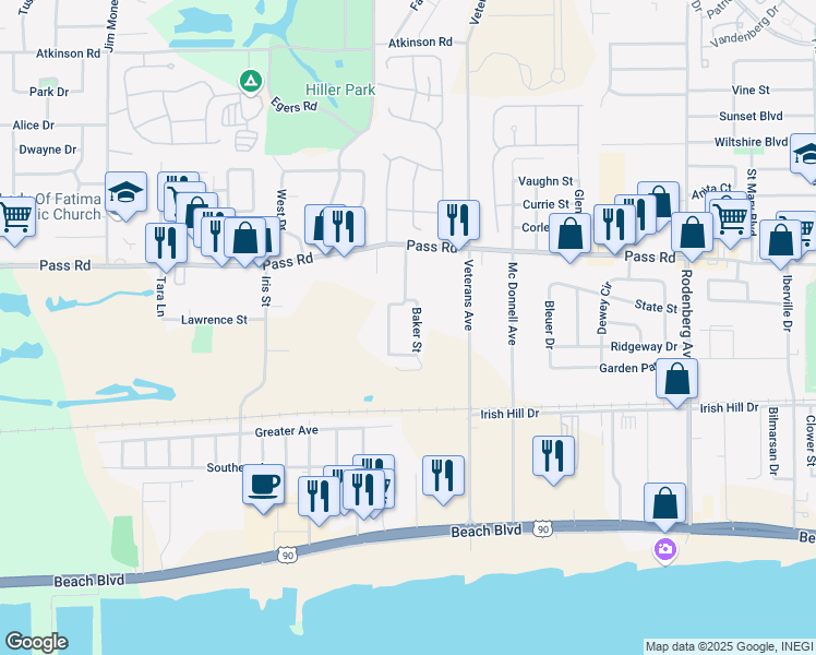 map of restaurants, bars, coffee shops, grocery stores, and more near 134-170 Baker St in Biloxi