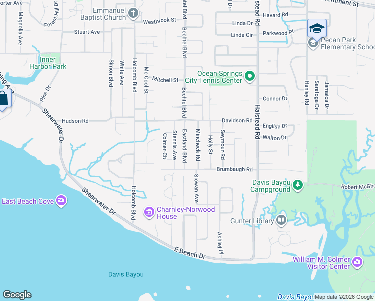 map of restaurants, bars, coffee shops, grocery stores, and more near 211 Eastland Boulevard in Ocean Springs