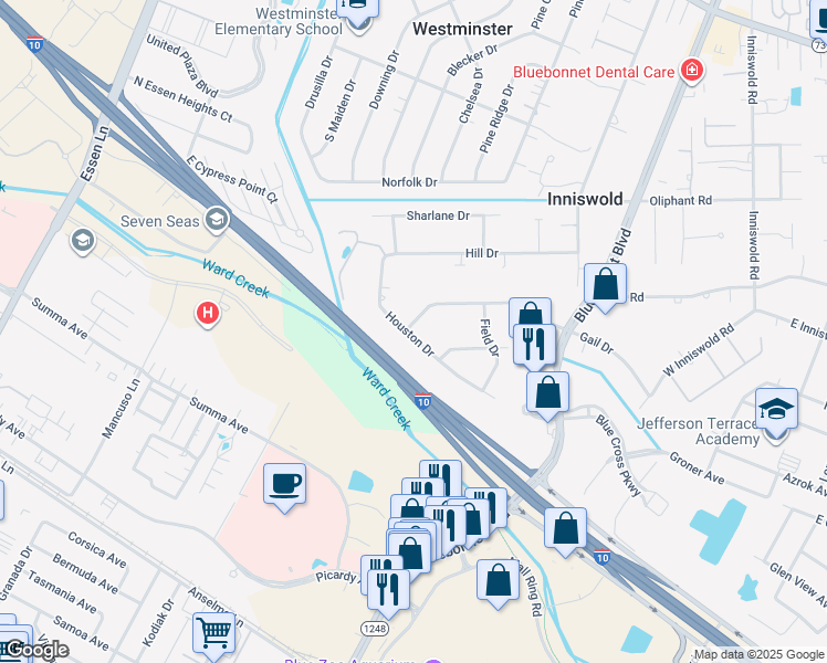 map of restaurants, bars, coffee shops, grocery stores, and more near 8612 Gail Drive in Baton Rouge