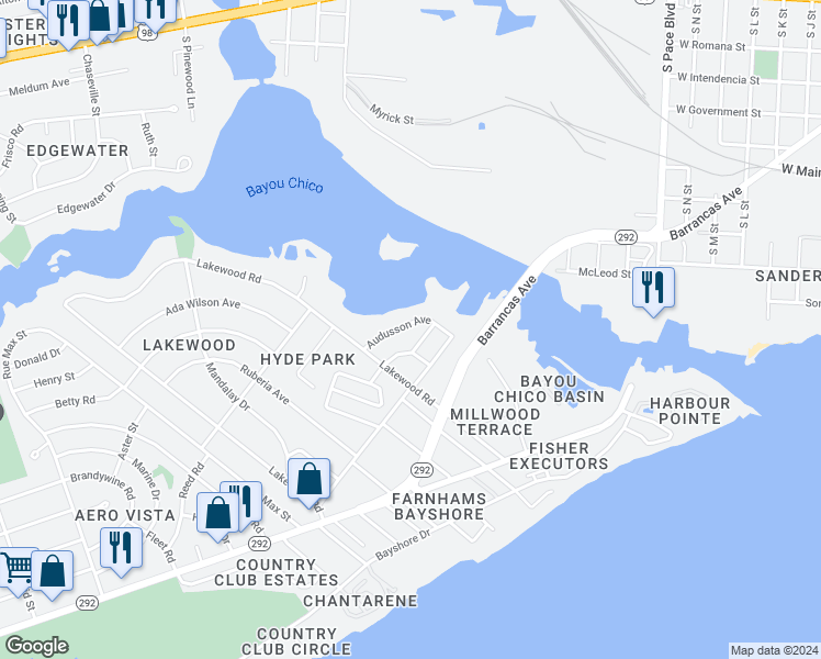 map of restaurants, bars, coffee shops, grocery stores, and more near 19 Audusson Avenue in Pensacola