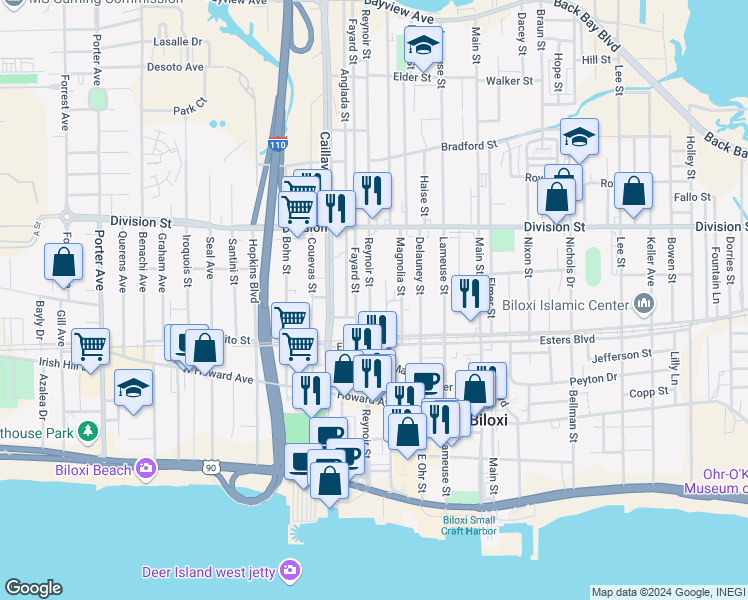 map of restaurants, bars, coffee shops, grocery stores, and more near 230 Reynoir Street in Biloxi