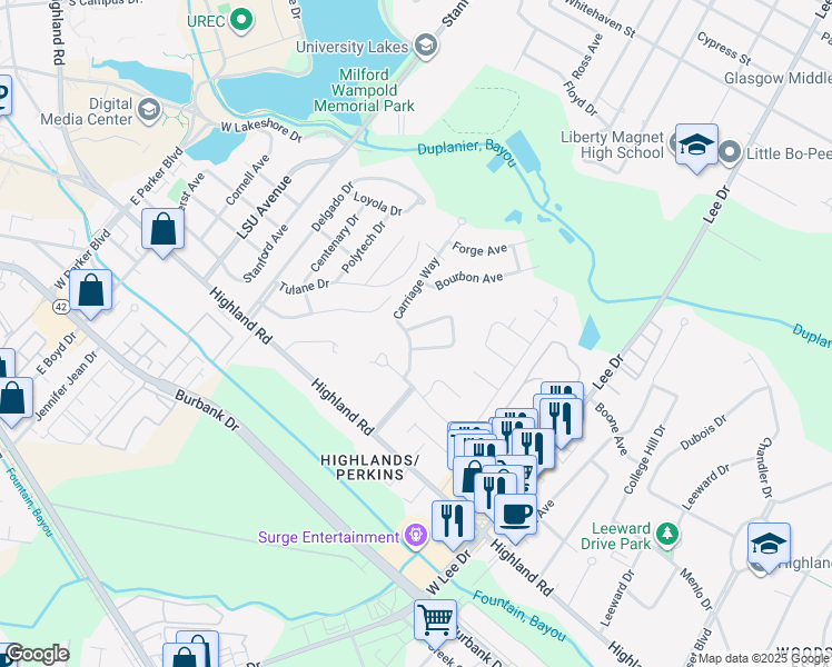 map of restaurants, bars, coffee shops, grocery stores, and more near 426 Carriage Way in Baton Rouge