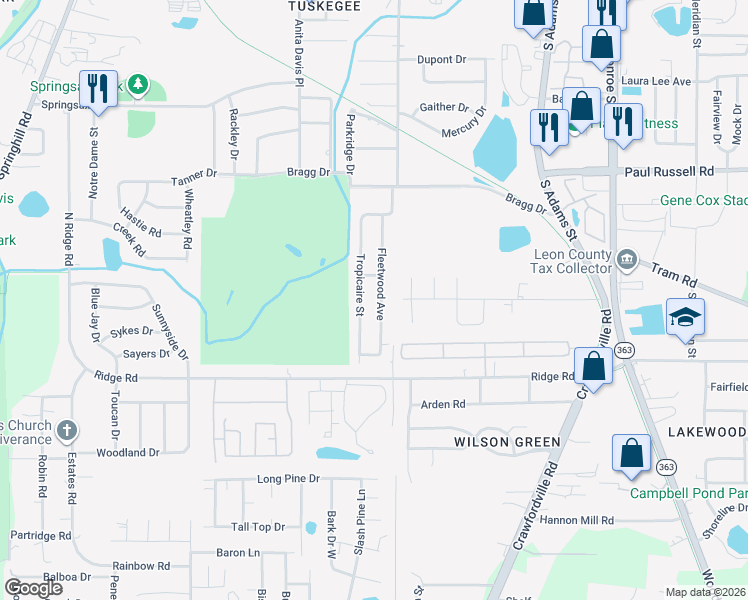 map of restaurants, bars, coffee shops, grocery stores, and more near 207 Fleetwood Avenue in Tallahassee