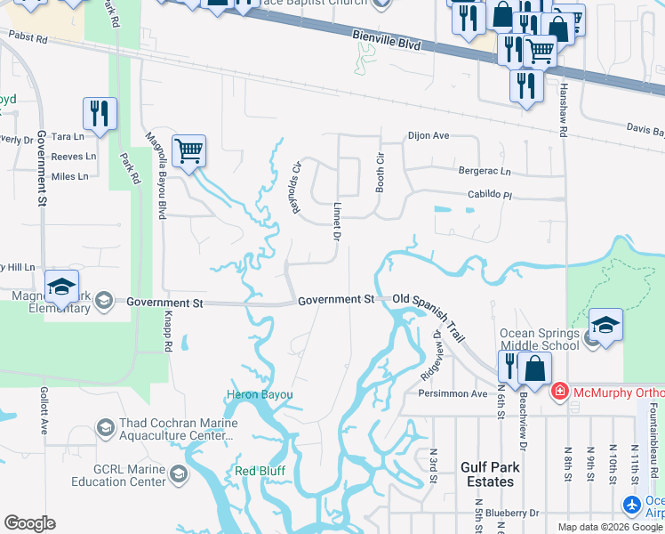 map of restaurants, bars, coffee shops, grocery stores, and more near 114 Linnet Drive in Ocean Springs