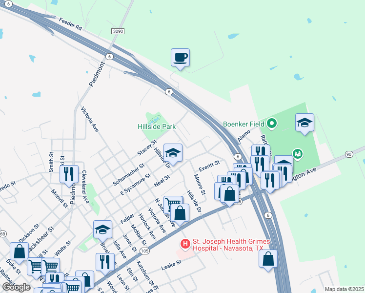 map of restaurants, bars, coffee shops, grocery stores, and more near 603 Wadesway in Navasota