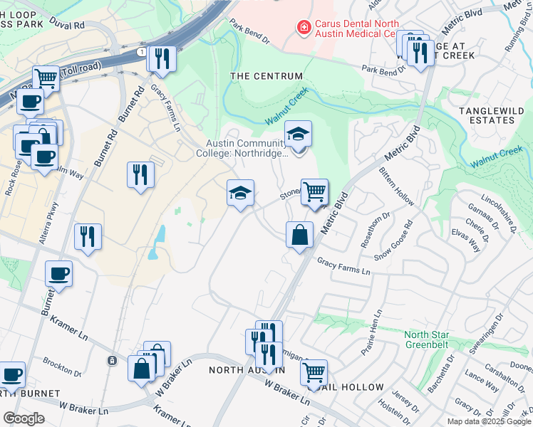map of restaurants, bars, coffee shops, grocery stores, and more near 11915 Stonehollow Drive in Austin