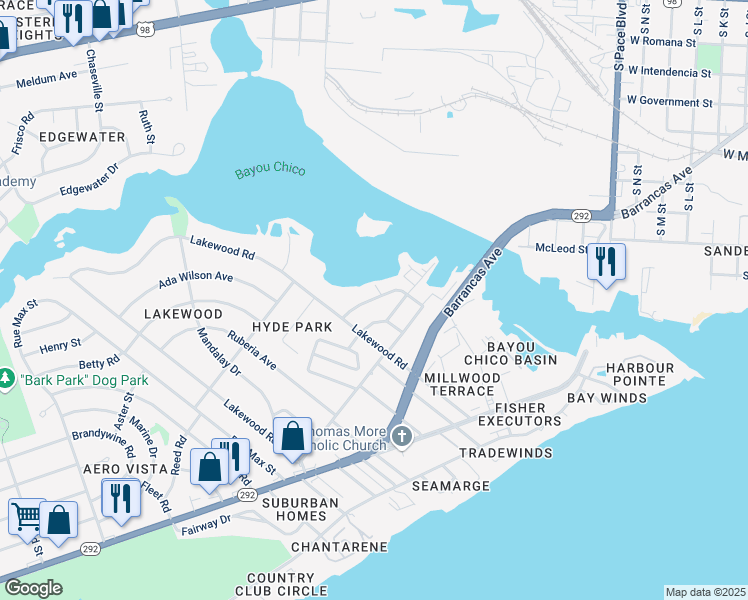 map of restaurants, bars, coffee shops, grocery stores, and more near 19 Audusson Avenue in Pensacola