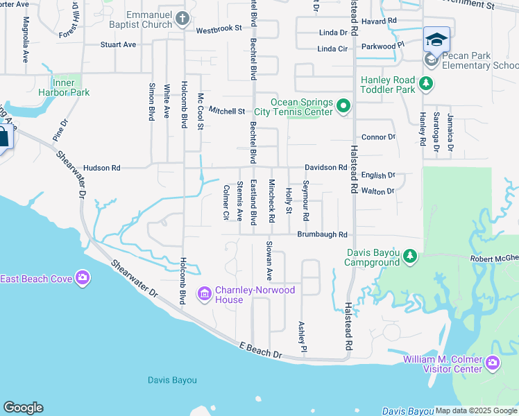 map of restaurants, bars, coffee shops, grocery stores, and more near 212 Eastland Boulevard in Ocean Springs