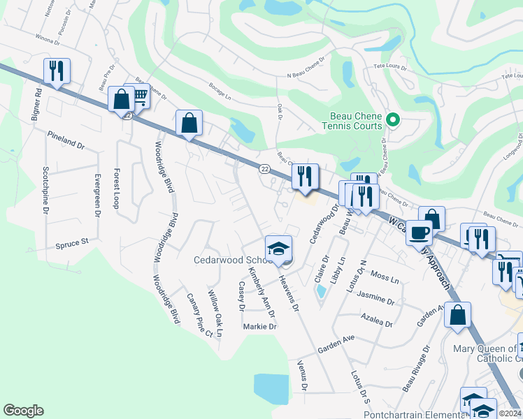 map of restaurants, bars, coffee shops, grocery stores, and more near 717 Heavens Drive in Mandeville