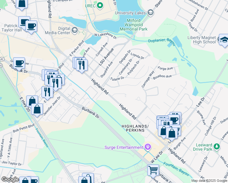 map of restaurants, bars, coffee shops, grocery stores, and more near 129 Clara Drive in Baton Rouge