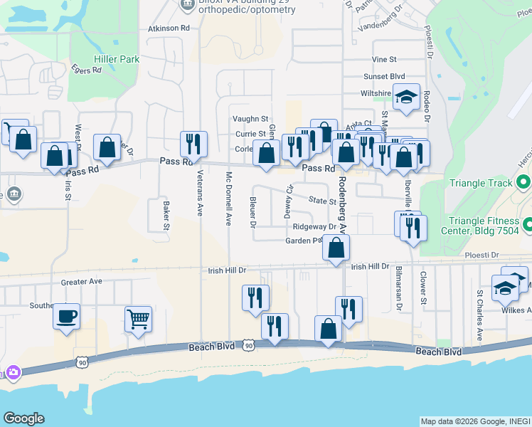 map of restaurants, bars, coffee shops, grocery stores, and more near 244-248 Beeman Drive in Biloxi