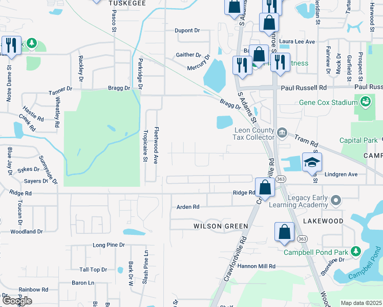 map of restaurants, bars, coffee shops, grocery stores, and more near 213 4 Points Way in Tallahassee