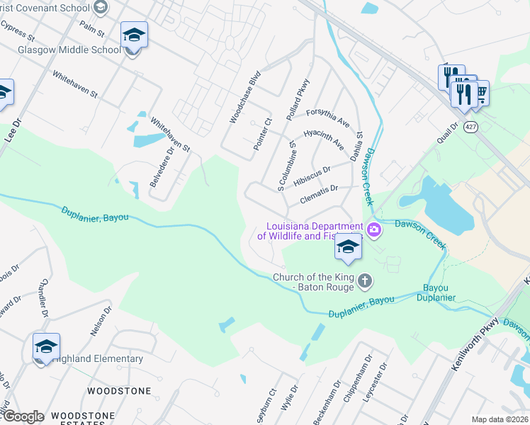 map of restaurants, bars, coffee shops, grocery stores, and more near 5722 South Pollard Parkway in Baton Rouge