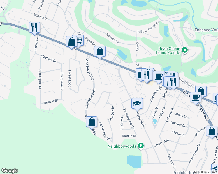 map of restaurants, bars, coffee shops, grocery stores, and more near 525 Ridgewood Loop in Mandeville