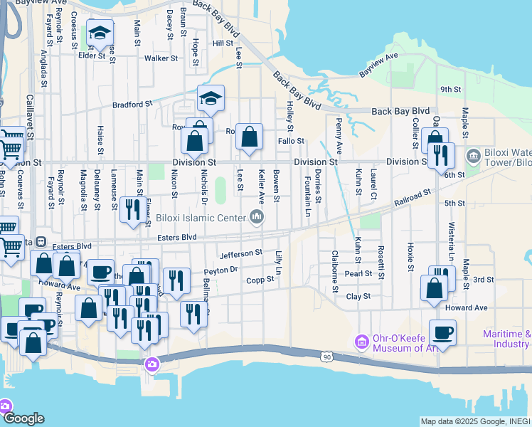 map of restaurants, bars, coffee shops, grocery stores, and more near 224 Keller Avenue in Biloxi