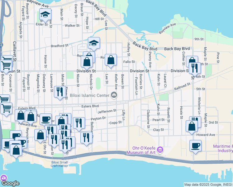 map of restaurants, bars, coffee shops, grocery stores, and more near 224 Keller Avenue in Biloxi