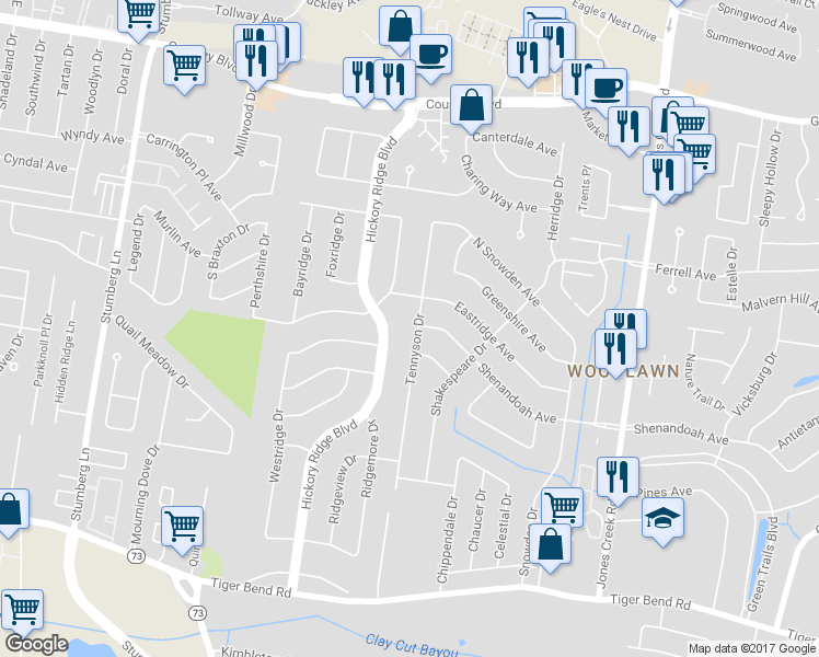 map of restaurants, bars, coffee shops, grocery stores, and more near 5814 Tennyson Drive in Baton Rouge