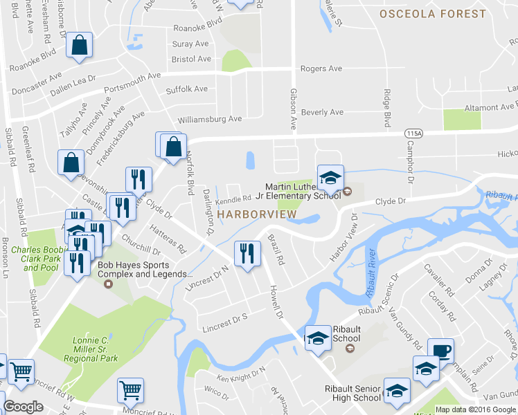map of restaurants, bars, coffee shops, grocery stores, and more near 4416 Kenndle Rd in Jacksonville