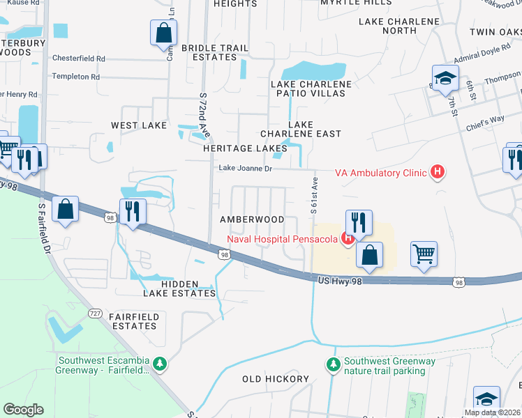 map of restaurants, bars, coffee shops, grocery stores, and more near 850 Amberway Drive in Pensacola