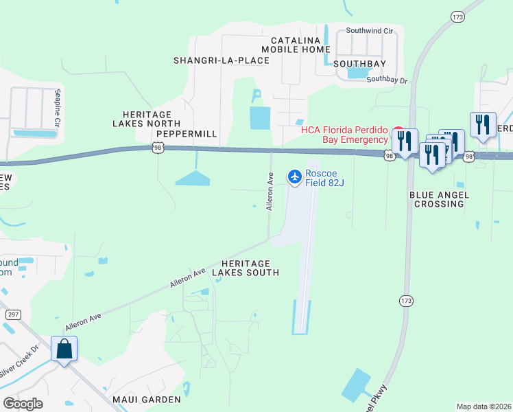 map of restaurants, bars, coffee shops, grocery stores, and more near 9883 Aileron Ave in Pensacola