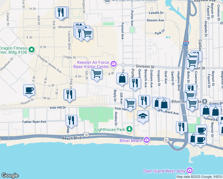 map of restaurants, bars, coffee shops, grocery stores, and more near 1135 Judge Sekul Avenue in Biloxi