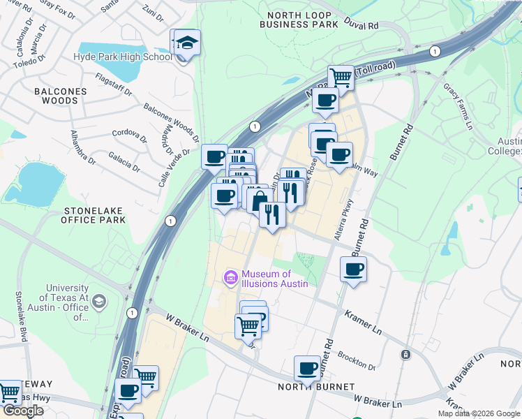 map of restaurants, bars, coffee shops, grocery stores, and more near 11400 Domain Drive in Austin