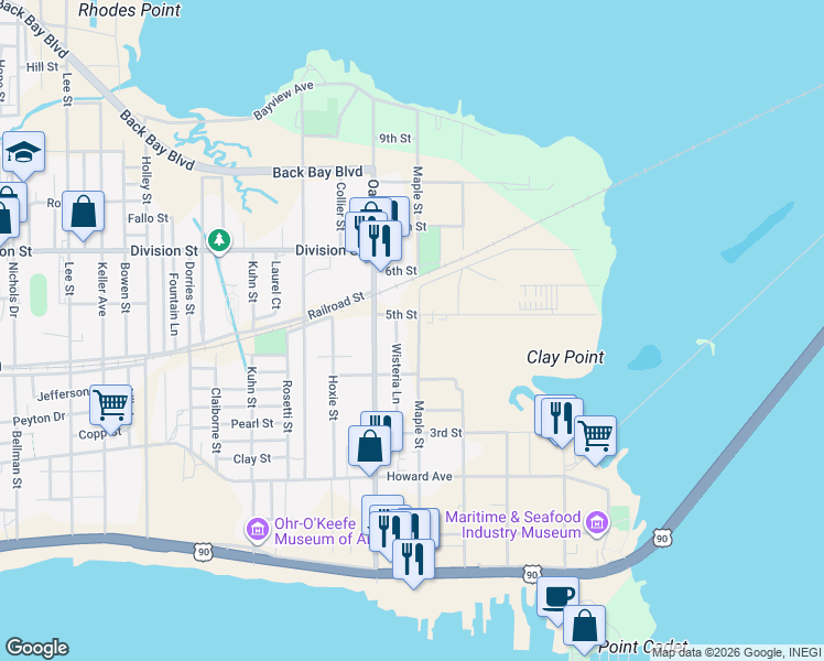 map of restaurants, bars, coffee shops, grocery stores, and more near 251 Maple Street in Biloxi