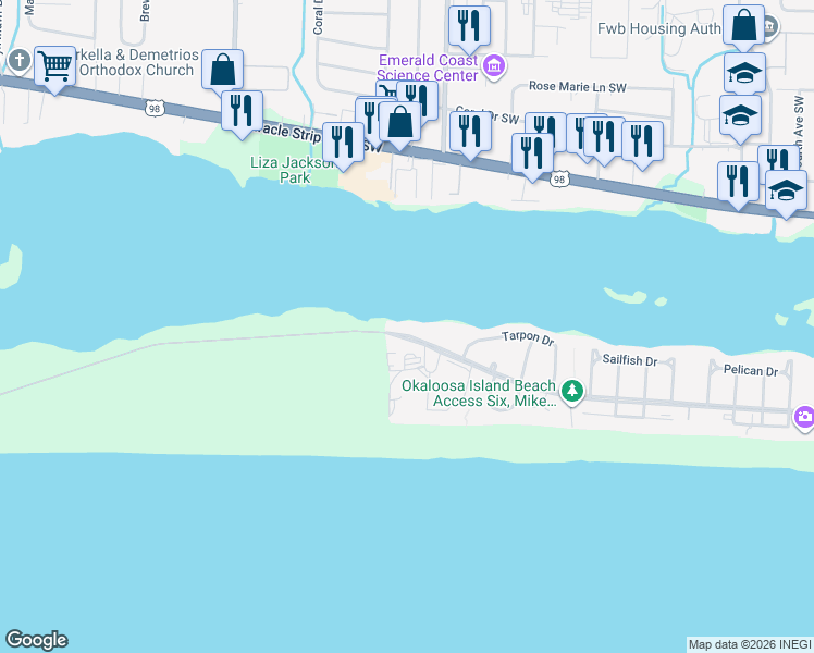 map of restaurants, bars, coffee shops, grocery stores, and more near 907 Santa Rosa Boulevard in Fort Walton Beach