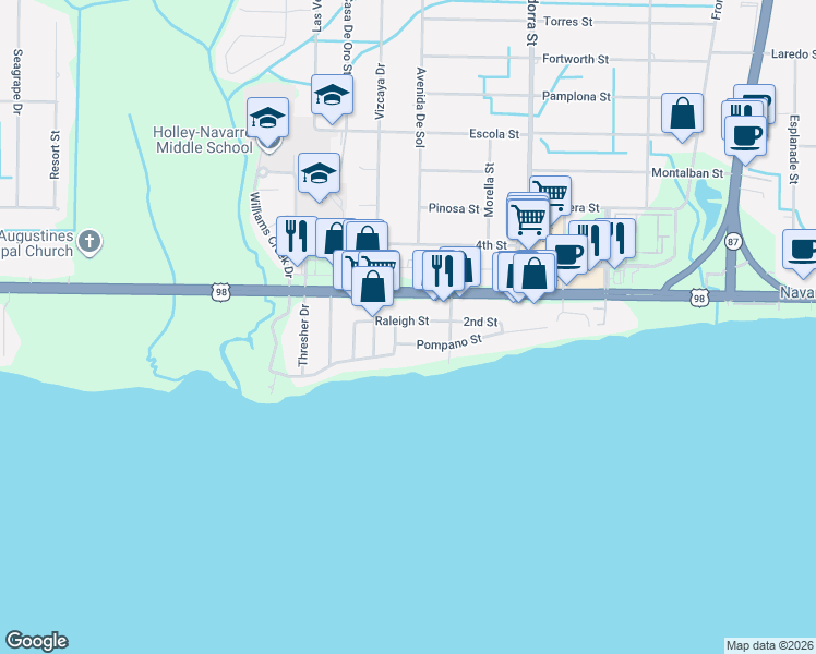 map of restaurants, bars, coffee shops, grocery stores, and more near 8111 Raleigh Street in Navarre