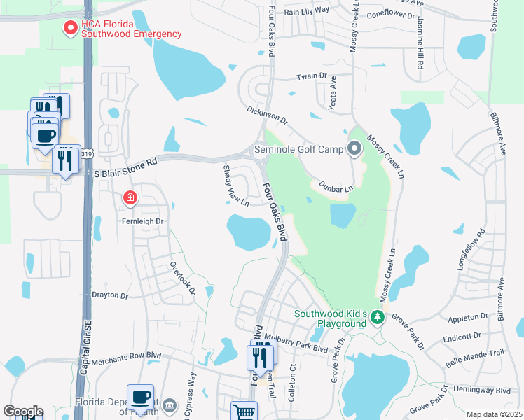 map of restaurants, bars, coffee shops, grocery stores, and more near 4064 Shady View Lane in Tallahassee