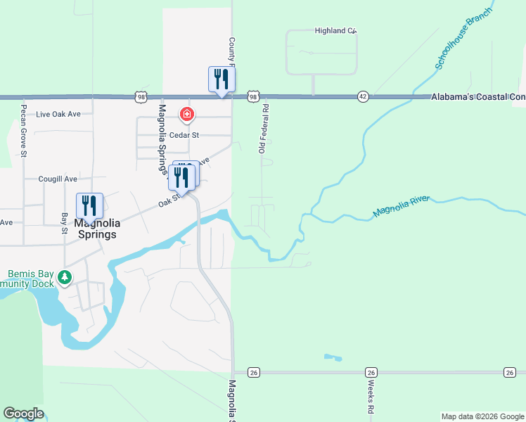 map of restaurants, bars, coffee shops, grocery stores, and more near Old Federal Road in Magnolia Springs