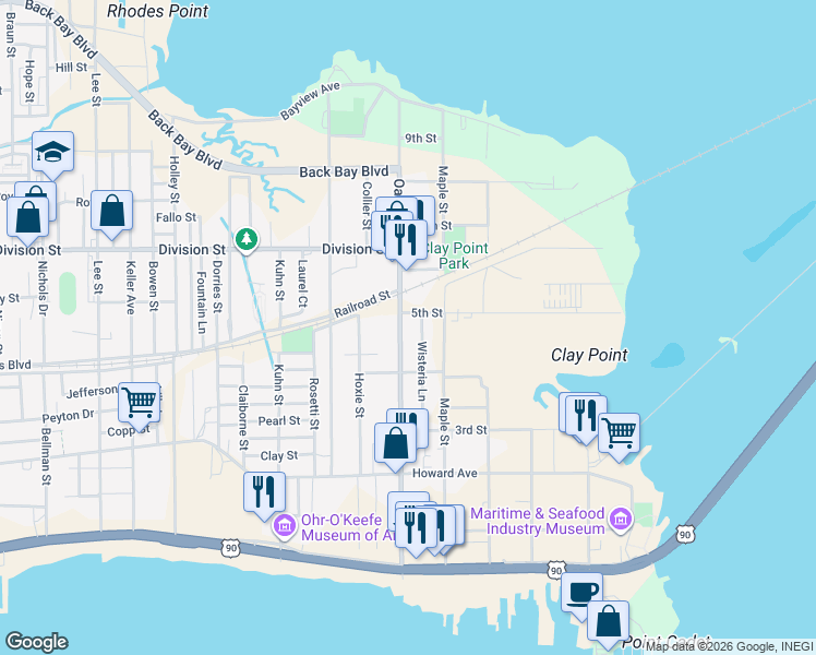map of restaurants, bars, coffee shops, grocery stores, and more near 236 Oak St in Biloxi