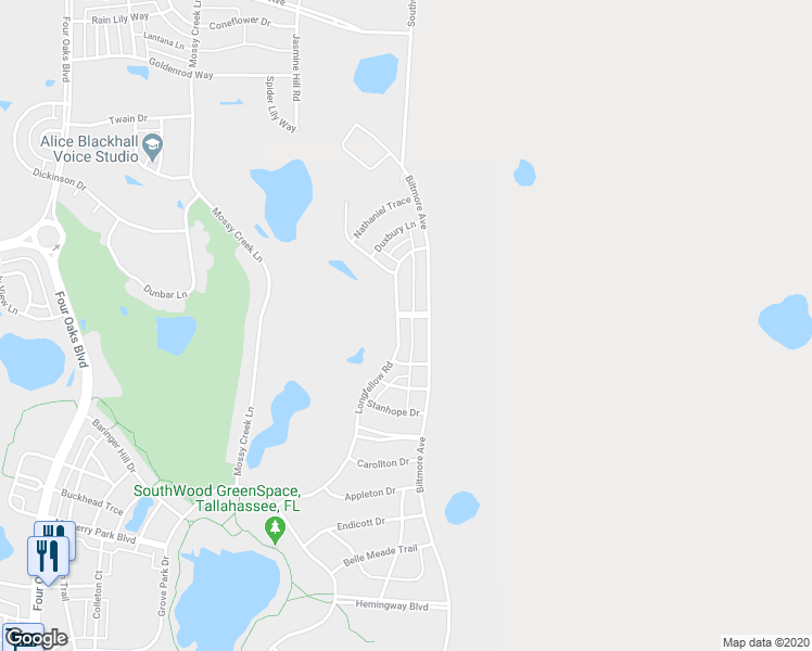 map of restaurants, bars, coffee shops, grocery stores, and more near 3665 Longfellow Road in Tallahassee
